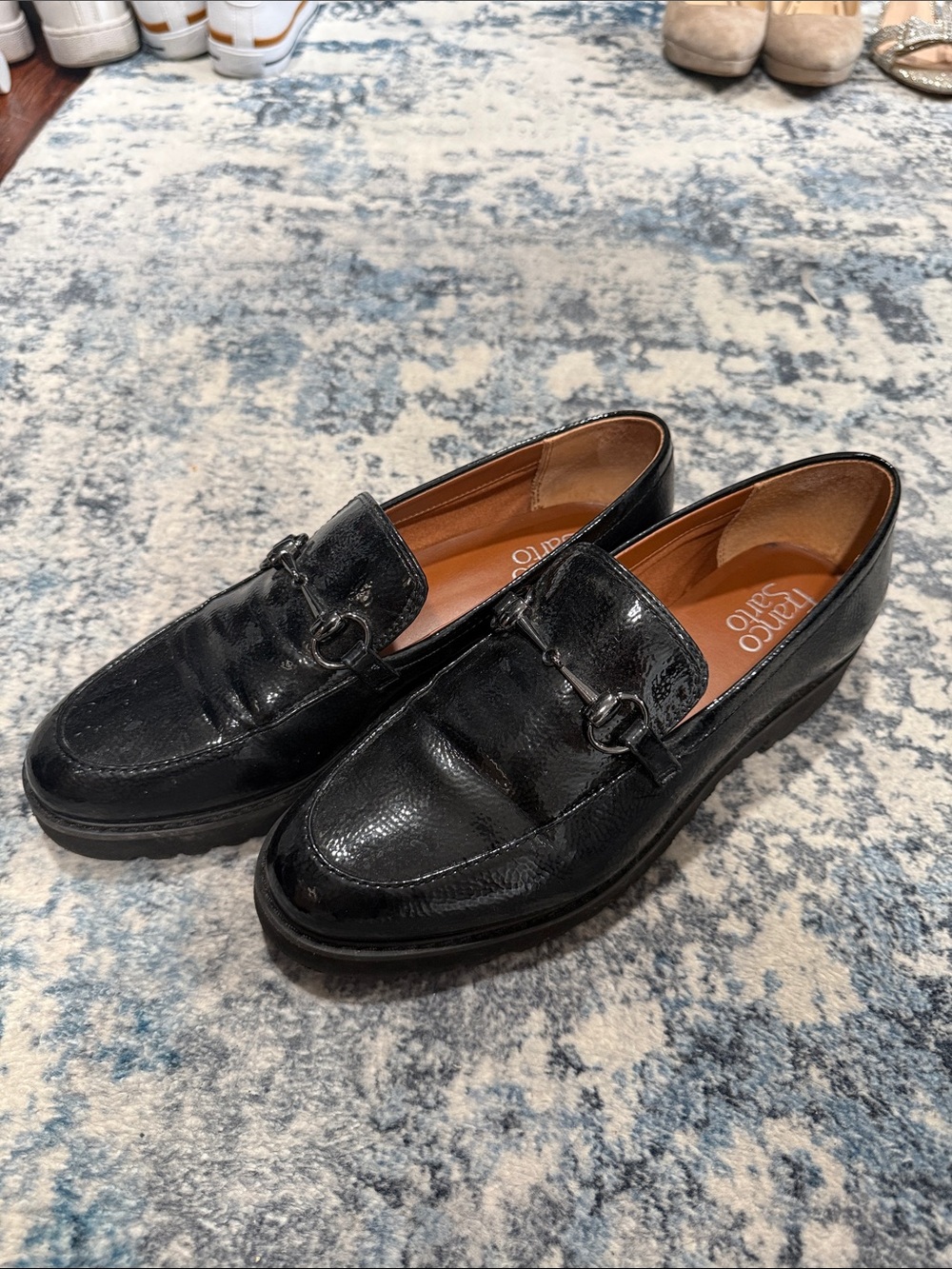 Franco Sarto Black Patent Loafers with Metal Bit